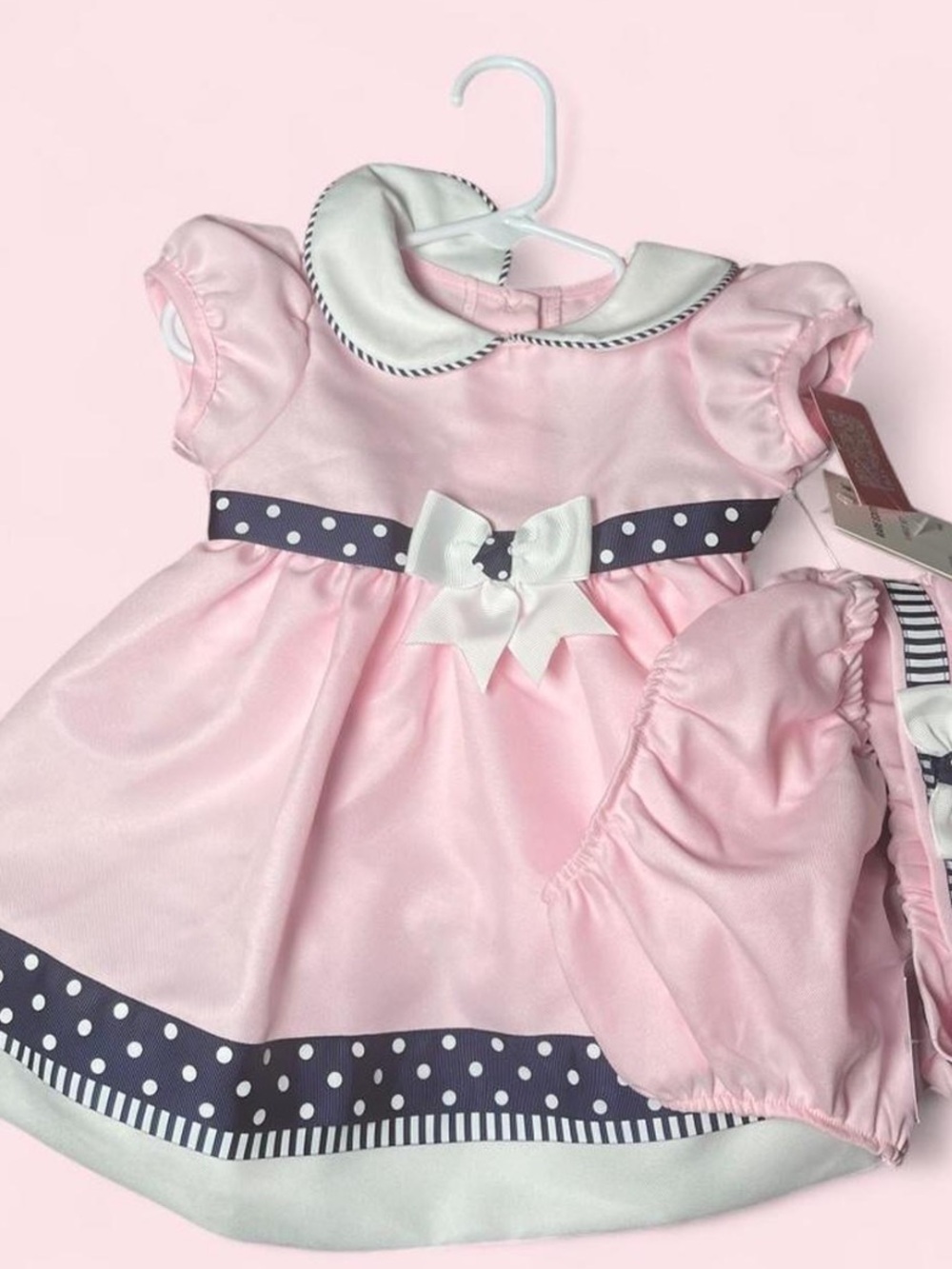 Rare Editions Pink Dress with Navy Polka-Dot Trim and Bow